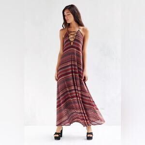 Ecote Halter Lace-Up Maxi Dress 70s Retro Style Boho Crochet-Size Small